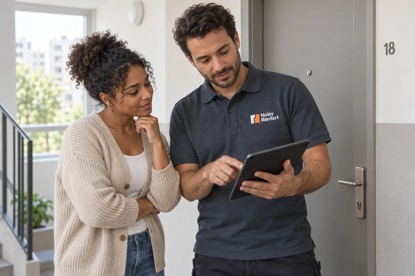 Serrurier Noisy Renfort expliquant son diagnostic sur tablette à une habitante, devant une porte d'appartement