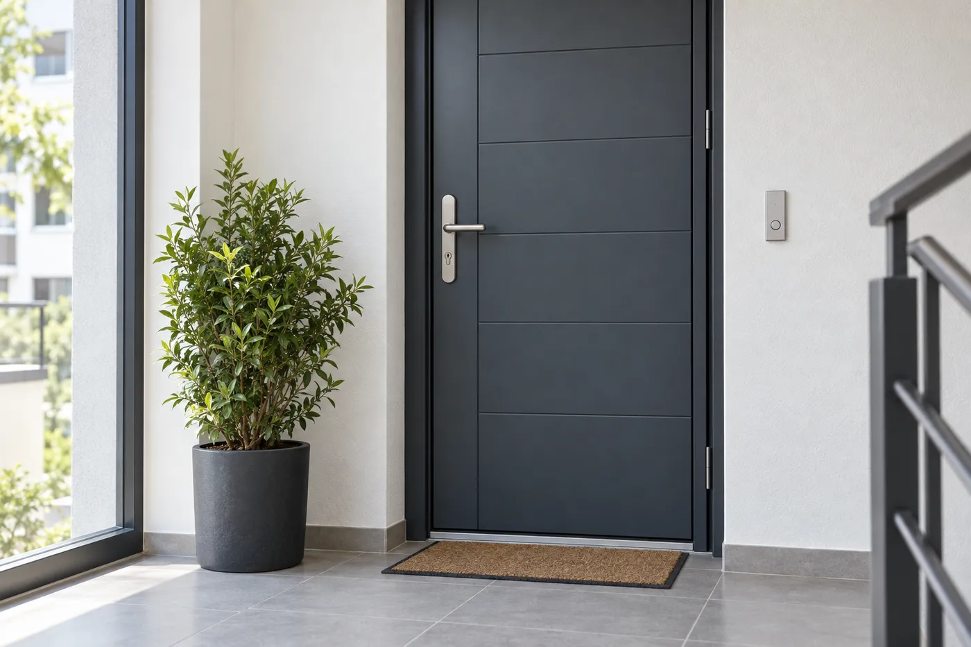 Porte palière blindée gris ardoise sur un palier d'immeuble lumineux
